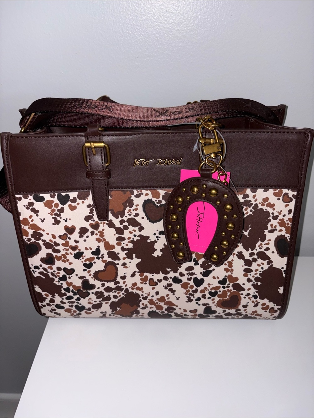 Betsey Johnson Cow Print Heart Tote Horseshoe Charm Western Bag NWT